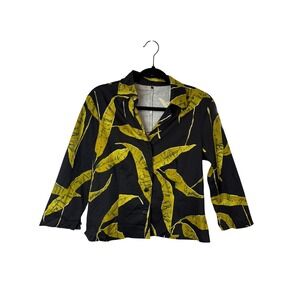 Black Yellow Leaf Print Button Up Shirt Womens Medium Tropical